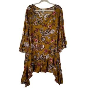 Avenue Brown Floral Paisley Tunic Dress Bell Sleeves Women's Size 22/24 Bohemian